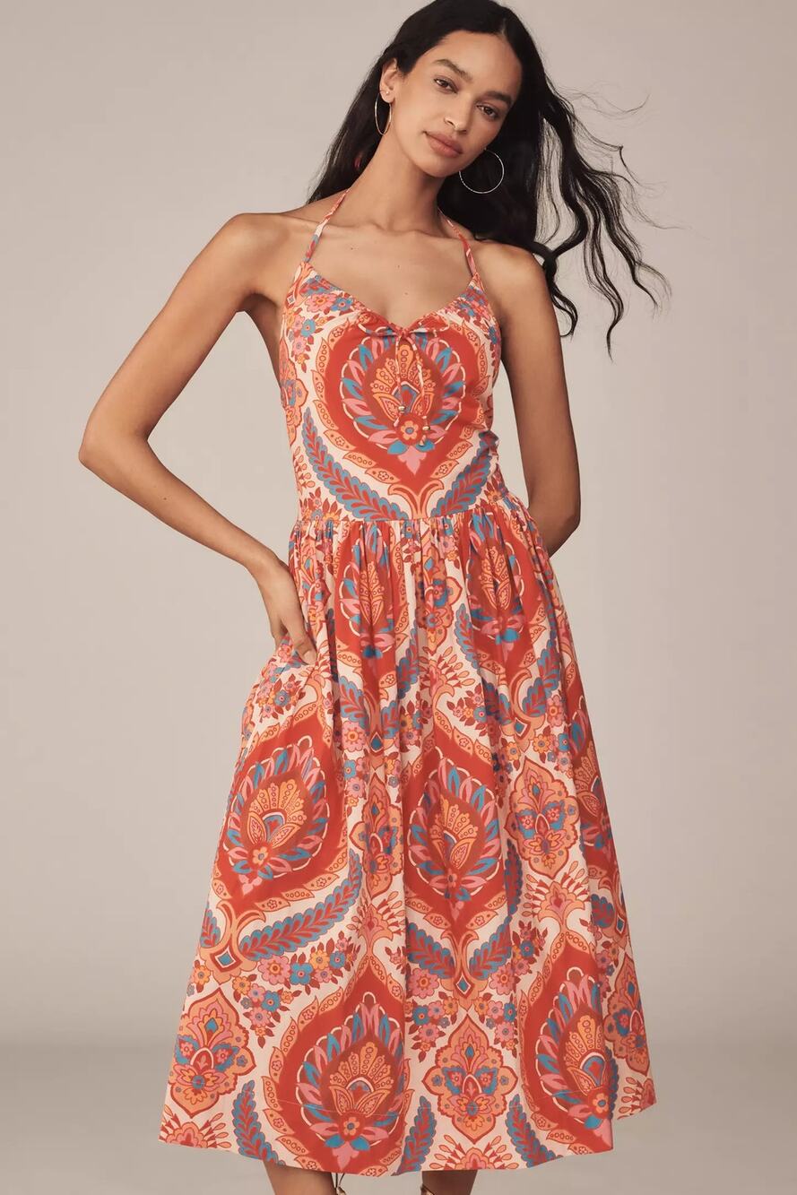 New Anthropologie Love The Label Rita Halter A-Line Midi Dress $325 LARGE Orange